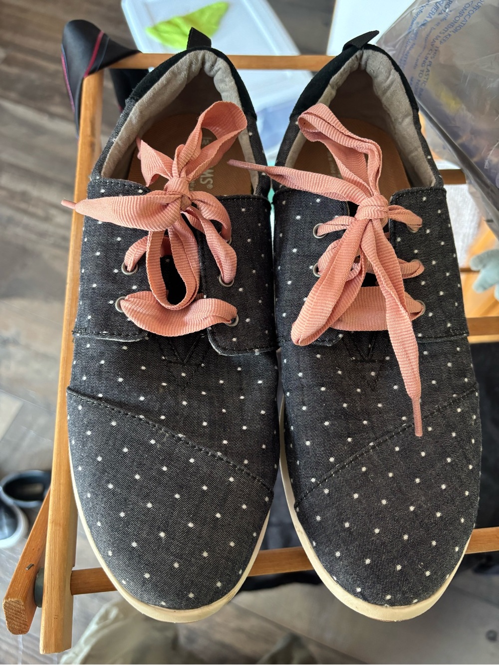 Toms Gray Polka Dot Canvas Loafers with Pink Ribbon Laces
